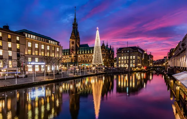 The sky, sunset, street, building, tree, Germany, channel, Hamburg
