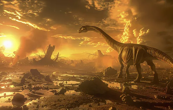 The sun, Stones, Dawn, Dinosaur, Animal, Digital art, Ancient animals, Extinct animals
