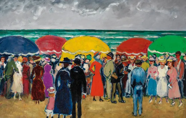 Sea, people, shore, picture, umbrella, genre, Kees van Dongen, Sunday on the beach
