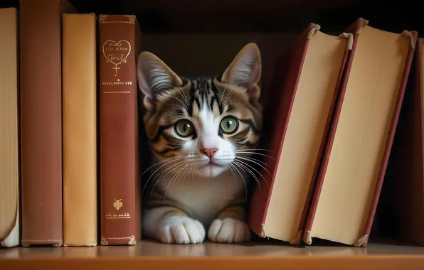 Cat, look, pose, the dark background, kitty, books, shelf, lies