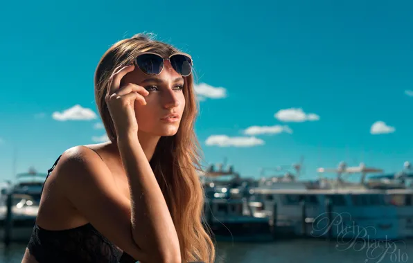 The sky, the sun, clouds, pose, river, model, portrait, makeup