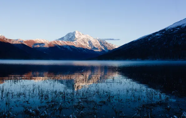 The sky, snow, mountains, lake, dawn, mountain, top