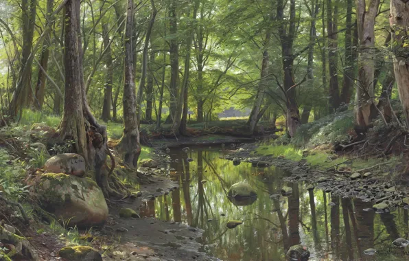 Danish painter, 1925, Forest stream, Peter Merk Of Menstad, Peder Mørk Mønsted, Danish realist painter, …