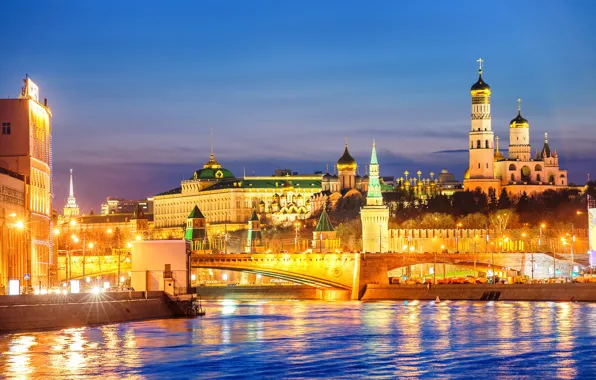 Bridge, lights, river, home, the evening, lights, Moscow, temple