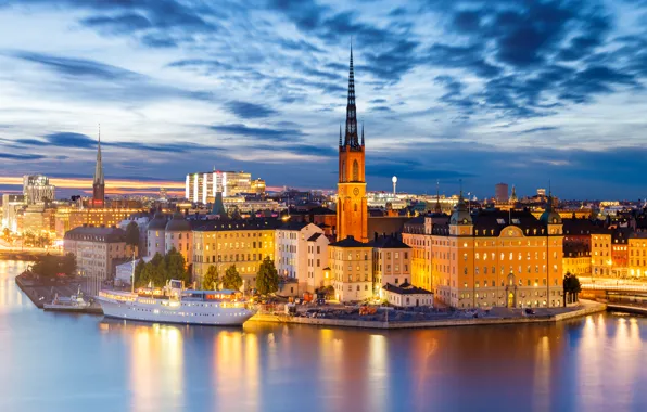 Night, lights, ship, tower, home, Stockholm, Sweden
