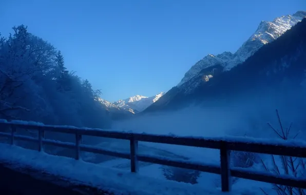 Picture frost, snow, trees, mountains, fog, the fence, Winter, railings