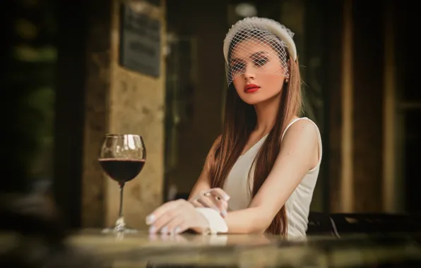 Picture look, girl, mesh, wine, glass, makeup, gloves, brown hair