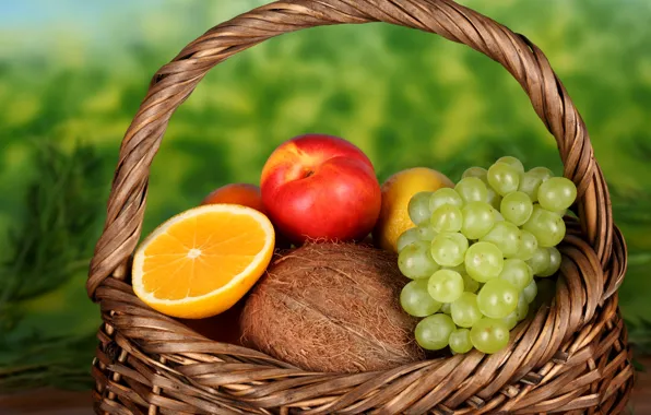Picture lemon, basket, orange, coconut, grapes, fruit, peach, nectarine