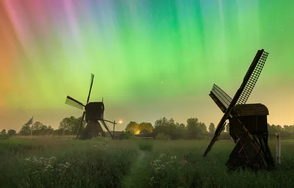 Nature, Beauty, Nature, Aurora Borealis, Northern Lights, Countryside, Windmill, Colorful Sky