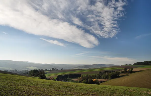 The sky, clouds, trees, hills, field, Austria