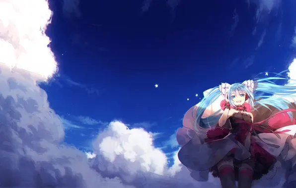 The sky, girl, stars, clouds, smile, anime, art, vocaloid