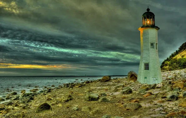 Sea, the sky, clouds, shore, lighthouse, the evening