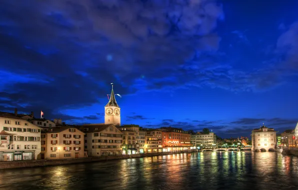 Night, river, Switzerland, Switzerland, night, Europe, Zurich, Zurich