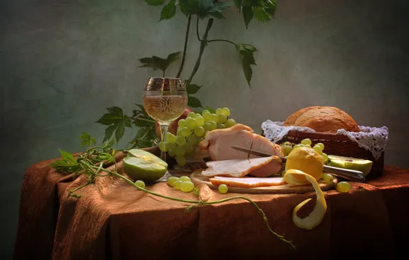 Summer, wine, apples, bread, grapes, still life, vine, June