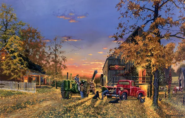 Autumn, house, yellow leaves, the evening, composition, tractor, logo, painting