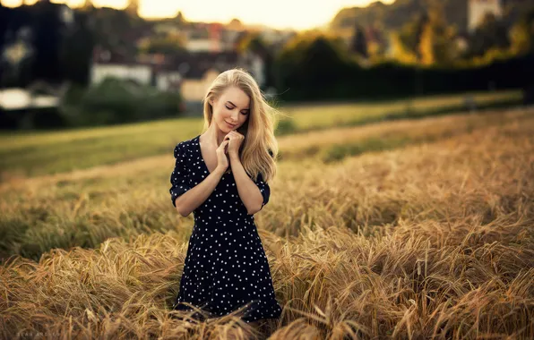 Field, girl, nature, pose, photo, model, hair, dress