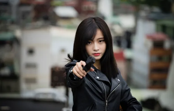 Picture girl, face, gun, hair, brunette, East