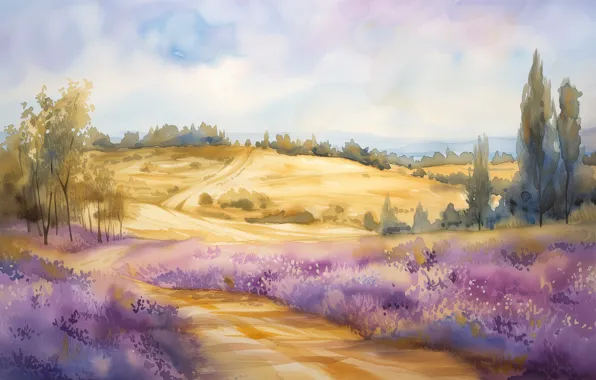 Road, field, summer, clouds, trees, landscape, flowers, nature
