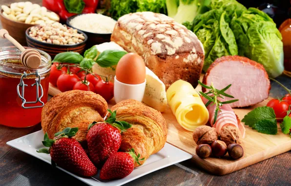 Egg, Breakfast, cheese, strawberry, honey, bread, nuts, tomatoes