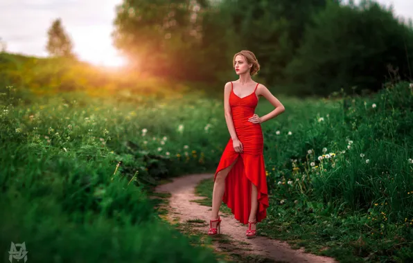 Grass, girl, the sun, trees, pose, model, portrait, makeup