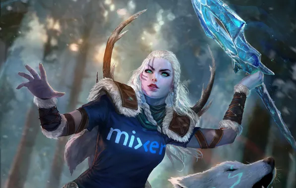 Forest, girl, wolf, horns, dagger, spear, art, smite
