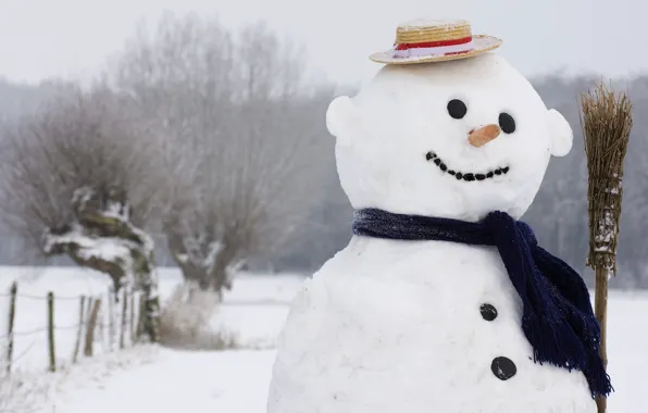Picture winter, smile, scarf, snowman, hat, broom, 1920x1080