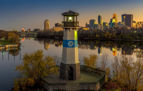 Sunset, river, lighthouse, home, the evening, USA, Minnesota, Minneapolis