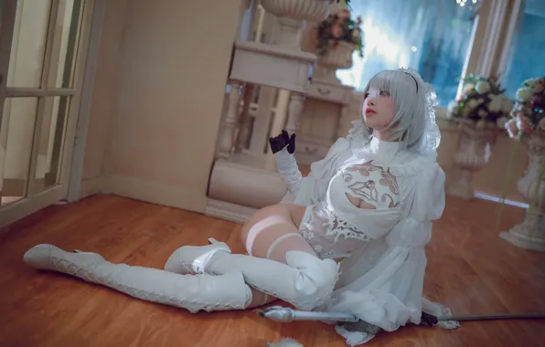 Sexy, flooring, sword, Nier, cosplay, blonde, corset, white stockings