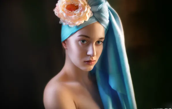 Flower, look, face, portrait, shoulder, black background, turban, Alexander Drobkov-Light