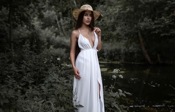 Forest, grass, look, trees, nature, pose, pond, model
