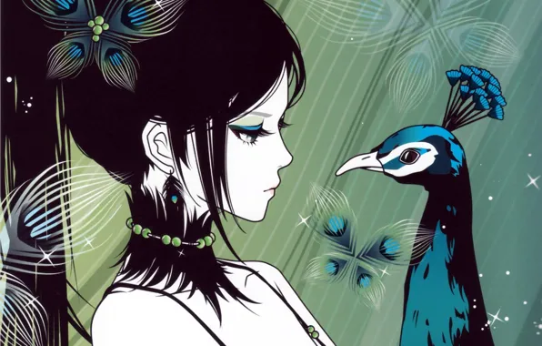 Look, girl, anime, art, tail, profile, peacock. bird