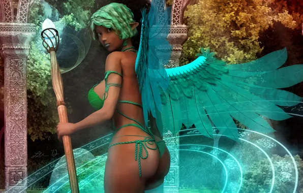 Crystal, girl, magic, wings, fairy, fantasy, art, staff