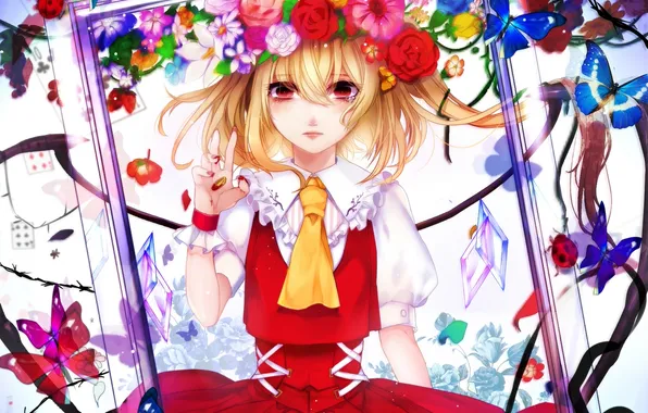 Picture girl, butterfly, flowers, anime, frame, art, wreath, touhou