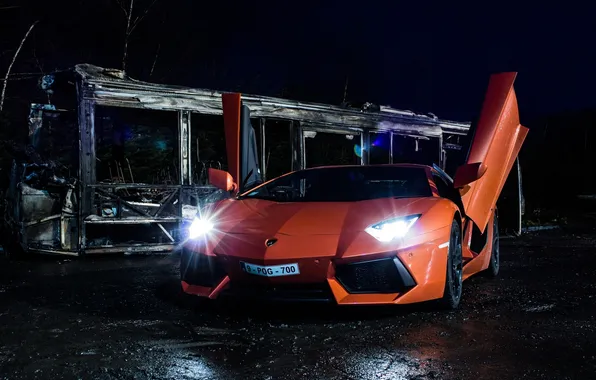 Night, orange, Lamborghini, ruins, front view, orange, headlights, LP700-4