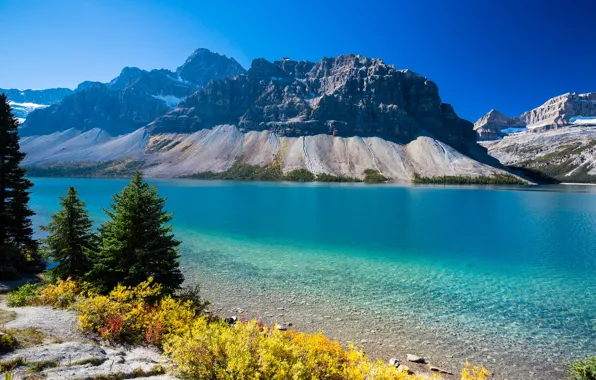 Autumn, trees, mountains, lake, Canada, Albert, Bow Lake