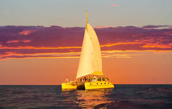 Sea, sunset, people, boat, the evening, sails, journey, catamaran