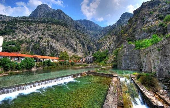 Picture mountains, stream, wall, rocks, Montenegro, Kotor