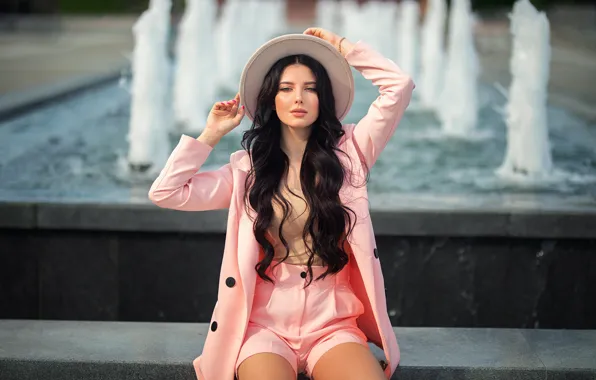 Girl, pose, shorts, hat, brunette, costume, fountain, long hair