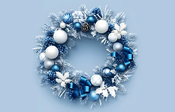 Balls, Christmas, New year, white, needles, wreath, bumps, blue