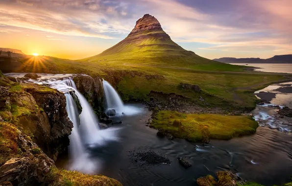 The sun, mountains, river, rocks, waterfall, Iceland.