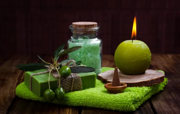 Candle, soap, olives, cosmetics, sea salt