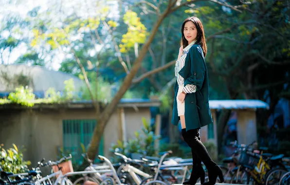 The sun, trees, model, skirt, portrait, boots, makeup, figure