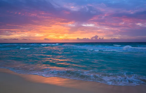 Picture sand, wave, beach, the sky, water, clouds, landscape, sunset