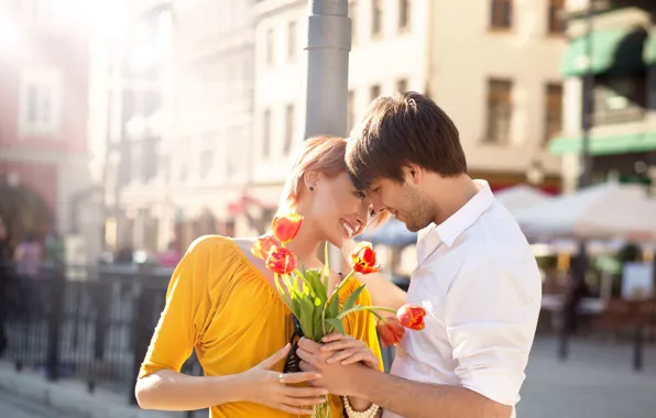 Picture girl, joy, flowers, the city, bouquet, post, pair, tulips