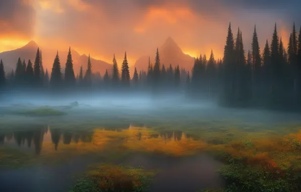 Autumn, forest, light, mountains, nature, fog, rendering, shore