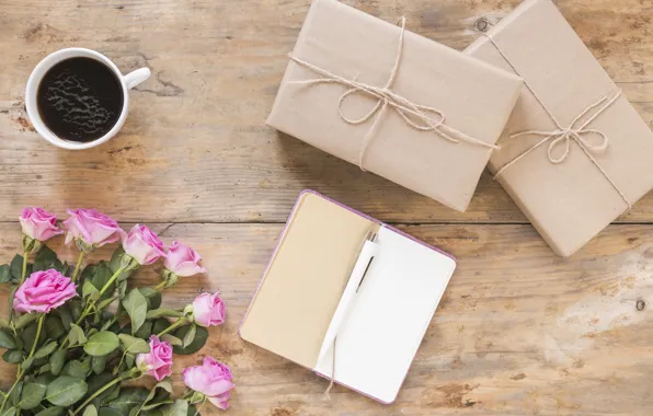 Roses, bouquet, gifts, Notepad, flowers