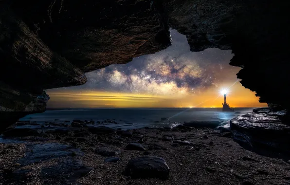 Night, rocks, lighthouse, cave