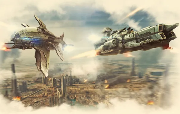 Smoke, Fire, Clouds, Ruins, Cruiser, Attack, Total Domination, Plarium