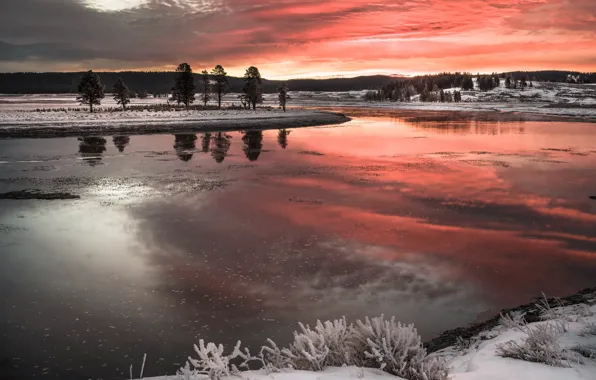 Picture winter, sunset, nature, river