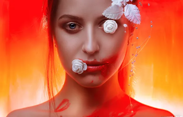 Leaves, girl, decoration, makeup, lipstick, flowers, Alexander Drobkov-Light, Bright Maria